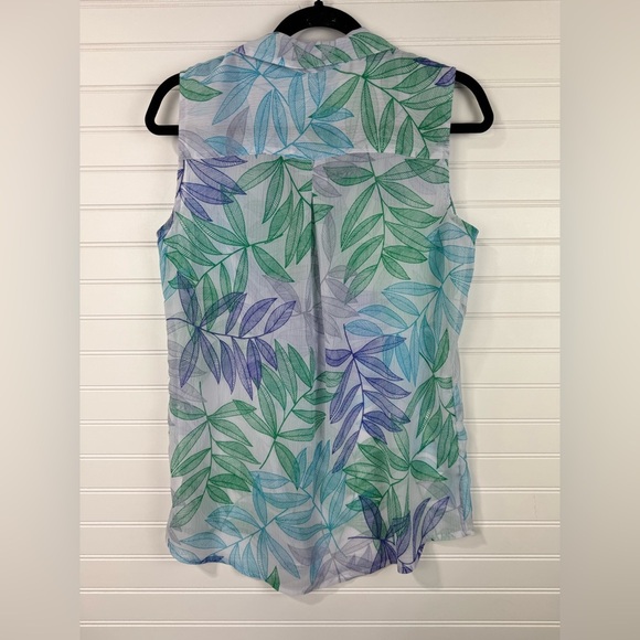 Liz Claiborne women’s white, green, blue sheer leaf print sleeveless tank Size M - Picture 2 of 6